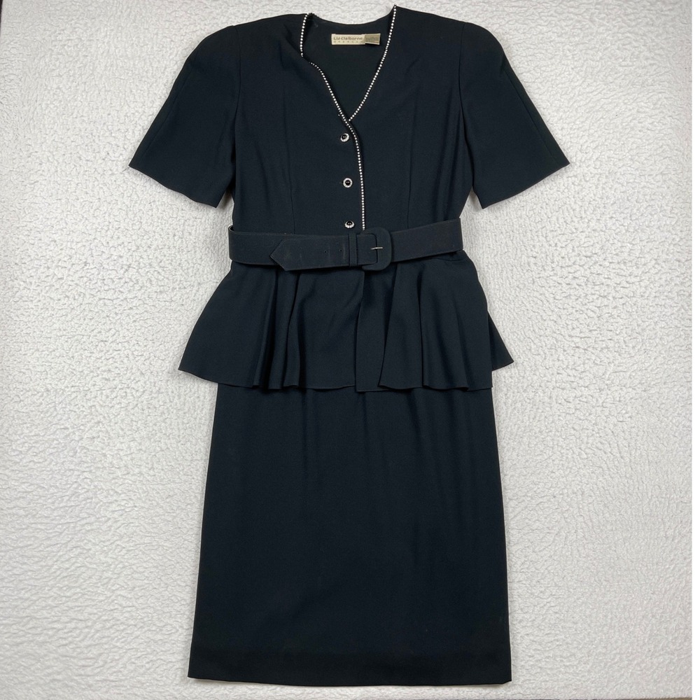 Liz Claiborne Dress Womens 14 Black Peplum Rhinestone Trim Vintage 90s Formal